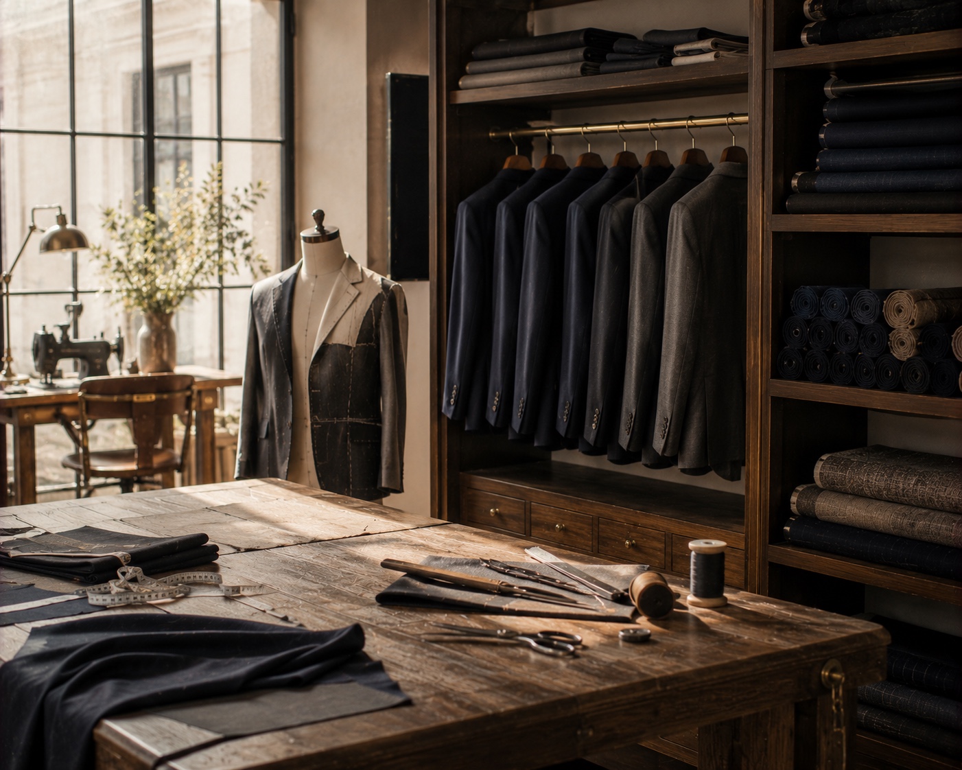 Editorial scene of Italian tailoring craftsmanship