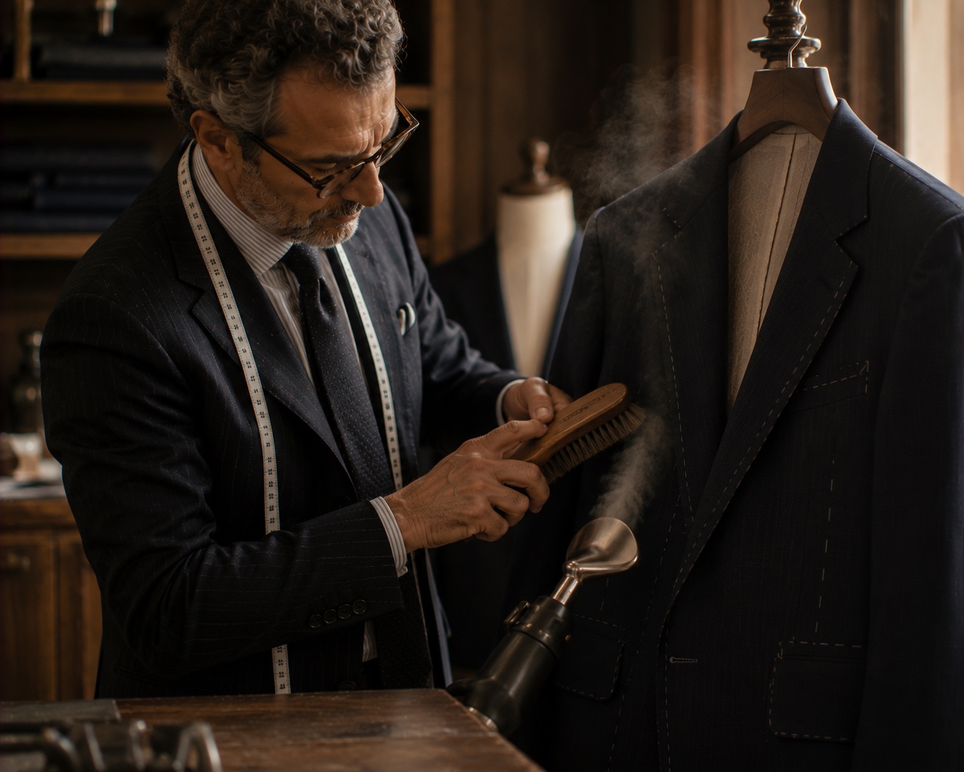 A tailor caring for a navy made-to-measure suit