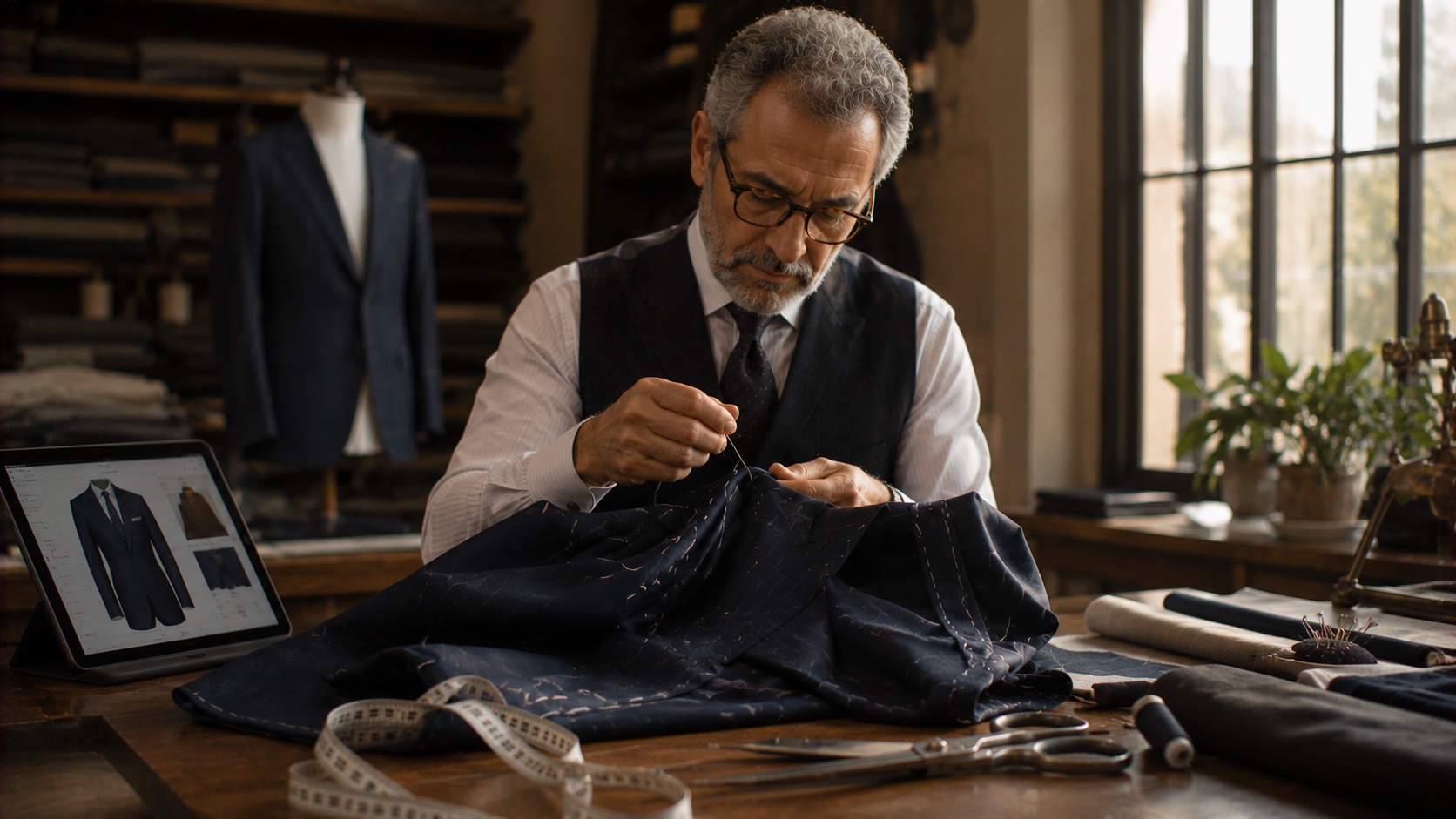 A tailor at work on a suit jacket